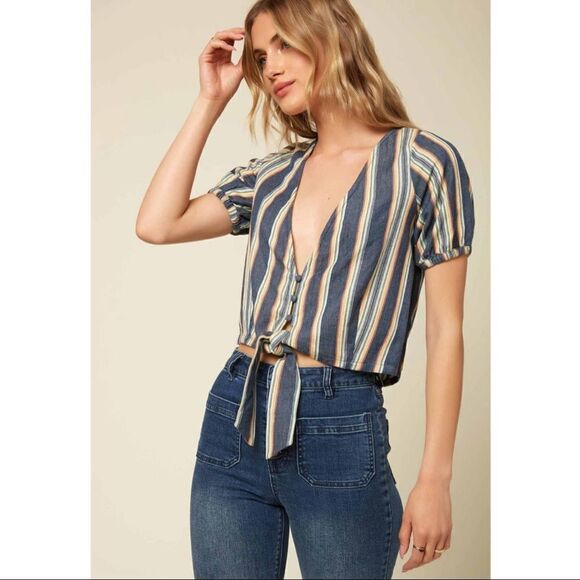 O’Neill Kaylee Tie Hem Top In Blue Stripe V-Neck Short Sleeve Beach Cropped - Picture 2 of 6